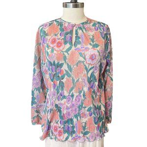 70s Vintage Sunny South Dallas Flower and Fruit Print Keyhole Neckline Blouse 16